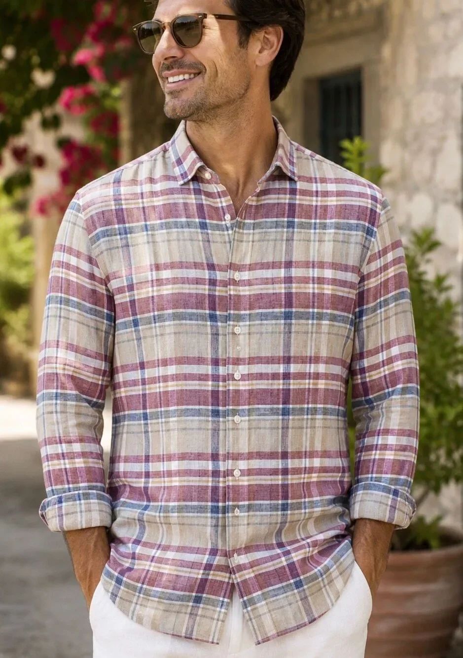 Culturata Men’s XL 100% Linen Plaid Shirt Made in Italy Tailored Fit